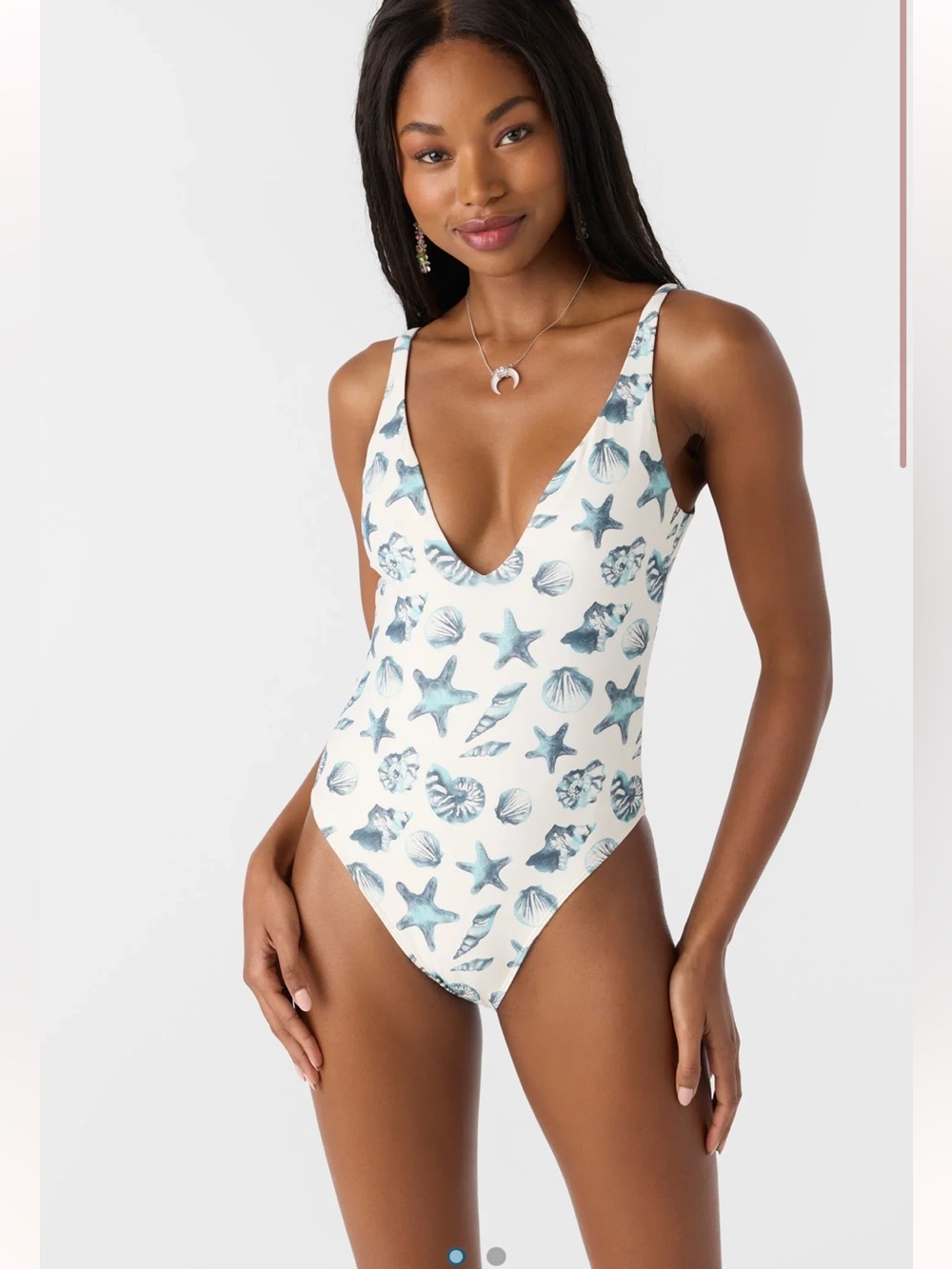 NWT O’Neill Blue White Shell-Print V-Neck One-Piece Swimsuit - Women XL
